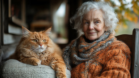Elderly Woman Sits Comfortably by Her Orange Cat Outdoors During a Serene Autumn Afternoon in a Cozy Rural Setting. Generative AIの素材