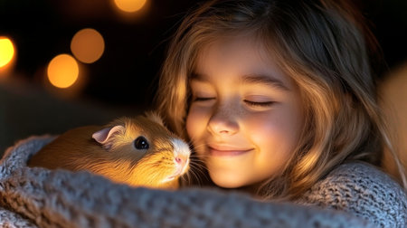 Young Girl Enjoys Warm Moment With Her Guinea Pig Under Soft Lights During a Cozy Evening at Home. Generative AIの素材