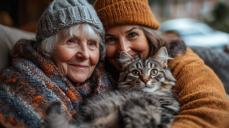 Two Women and a Cat Share a Cozy Moment Indoors During Winter While Wrapped in Warm Sweaters and Blankets. Generative AIの素材