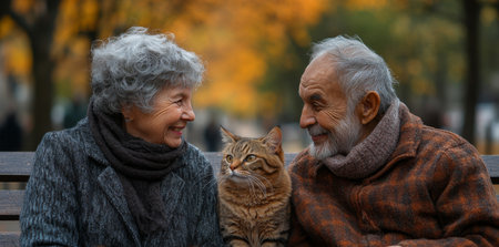 Elderly Couple Enjoying a Peaceful Moment With Their Cat in a Colorful Autumn Park Surrounded by Vibrant Leaves in the Background. Generative AIの素材