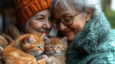 Two Joyful Women Embrace Each Other While Holding Adorable Cats in a Cozy Setting During a Sunny Afternoon. Generative AIの素材