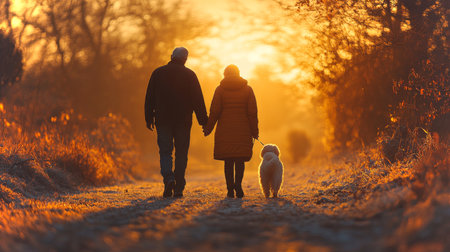 Couple Walking Hand in Hand With Dog at Sunset on a Frosty Path in a Serene Countryside Setting. Generative AIの素材