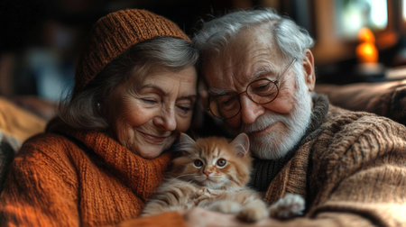 Elderly Couple Enjoying Cozy Moment With Their Fluffy Kitten in a Warm Living Room During Autumn Afternoon. Generative AIの素材