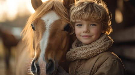 Young Boy Cuddles a Horse in a Warm Stable During Golden Hour, Showcasing Their Bond and Affection for Each Other. Generative AIの素材