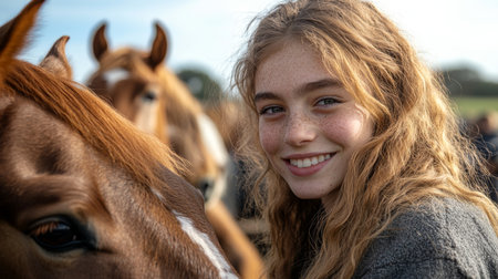 A Joyful Young Girl Beams With Happiness While Surrounded by Horses in a Picturesque Rural Landscape on a Beautiful Sunny Day. This Scene Captures the Essence of Generative AIの素材