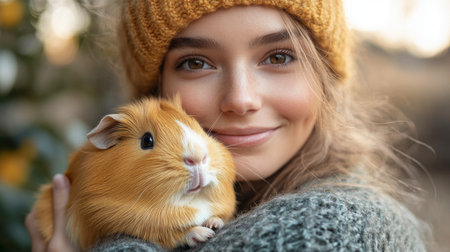 Young Woman Smiles While Holding a Guinea Pig Outdoors in a Cozy Sweater and Knit Hat During Golden Hour. Generative AIの素材