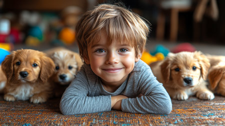 Boy Plays and Smiles With Golden Retriever Puppies in a Cozy Living Room During a Sunny Afternoon. Generative AIの素材