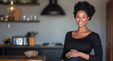 Expecting mother in stylish kitchen enjoying joyful pregnancy moments. Generative AIの素材