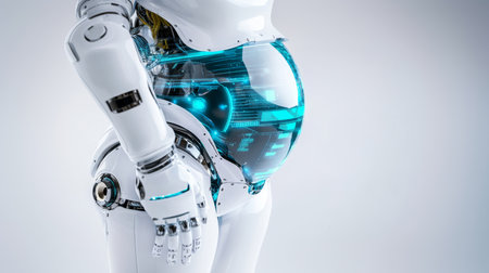 Futuristic robot depicting pregnancy with visible embryo and advanced technology. Generative AIの素材
