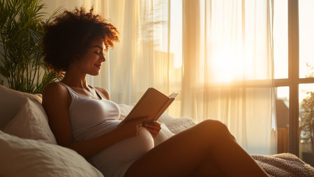 Woman reading a book at home while enjoying a moment of comfort during pregnancy. Generative AIの素材