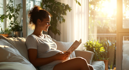 Woman enjoying a peaceful moment reading at home during pregnancy. Generative AIの素材