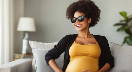 Smiling woman enjoying comfort at home during her pregnancy in cozy setting. Generative AIの素材