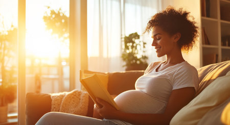 Expecting mother reading book on a sunny afternoon at home for relaxation. Generative AIの素材