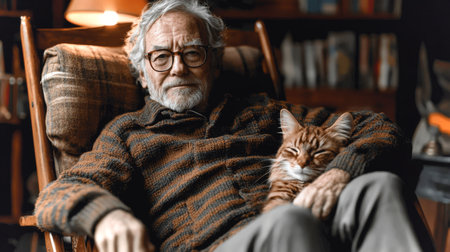 Elderly Man Relaxes in Cozy Armchair With Orange Tabby Cat in a Warm, Well Lit Room Filled With Books During a Quiet Afternoon. Generative AIの素材