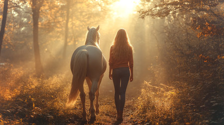 Golden Sunlight Filters Through Trees as Woman Walks With Horse on a Peaceful Autumn Afternoon in a Forest Setting. Generative AIの素材
