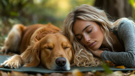 Woman and Her Golden Retriever Peacefully Resting Together in a Serene Forest Setting During the Golden Hour. Generative AIの素材