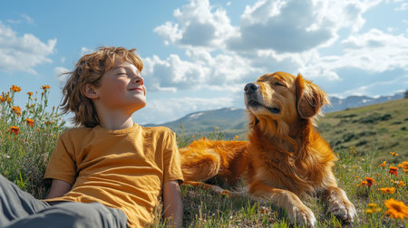 Golden Retriever and Young Boy Enjoying a Sunny Day in a Blooming Meadow With Mountains in the Background During the Late Afternoon. Generative AIの素材