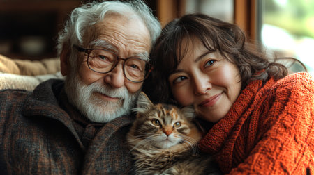 Older Man and Woman Enjoying Cozy Moment With Cat by the Window in a Warm Living Room During the Afternoon. Generative AIの素材