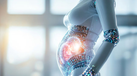 Futuristic concept of pregnancy with an illustrated embryo inside a digital figure. Generative AIの素材