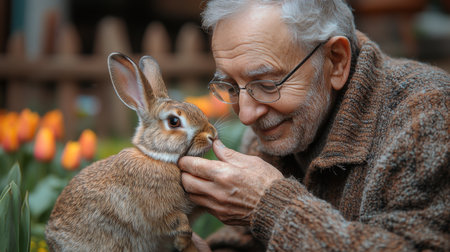 Elderly Man Interacts Lovingly With a Rabbit Amidst Vibrant Tulips in a Serene Garden Setting During a Sunny Afternoon. Generative AIの素材