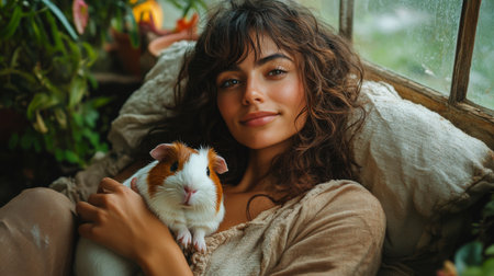 Woman Embraces a Guinea Pig in a Cozy Indoor Space Surrounded by Lush Greenery During Afternoon Light. Generative AIの素材