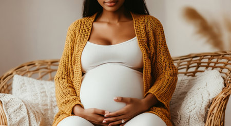 Comfortable pregnant woman relaxing at home while cradling her belly. Generative AIの素材