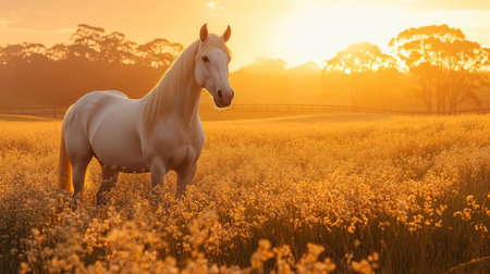 Majestic White Horse Stands Gracefully in a Golden Field During Sunset With Warm Light Illuminating the Landscape. Generative AIの素材