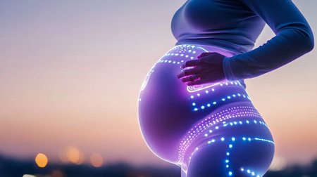 Exploring the beauty of pregnancy with glowing embryo representation at sunset. Generative AIの素材