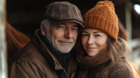 Couple Enjoying Warmth and Connection While Wearing Cozy Winter Attire at a Rustic Farmstead During the Afternoon. Generative AIの素材