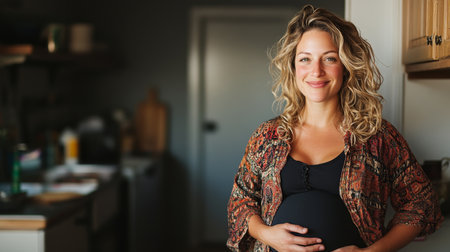 Expecting joy in a cozy kitchen during pregnancy in natural light. Generative AIの素材