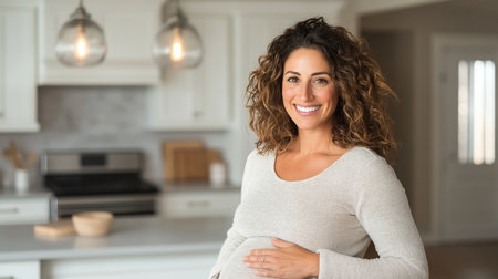 Pregnant woman smiling in cozy kitchen while gently holding her belly. Generative AIの素材