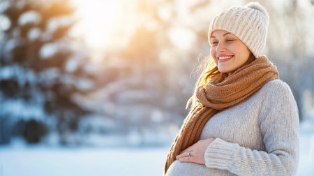 Woman in winter outfit embraces pregnancy while enjoying comfort at home. Generative AIの素材