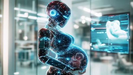 A robotic figure with a glowing structure stands in a high-tech laboratory, highlighting pregnancyの素材