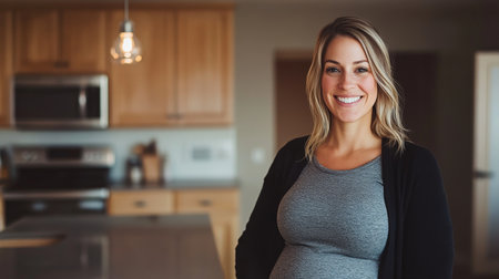 Expecting mother smiles in cozy kitchen during her pregnancy journey. Generative AIの素材
