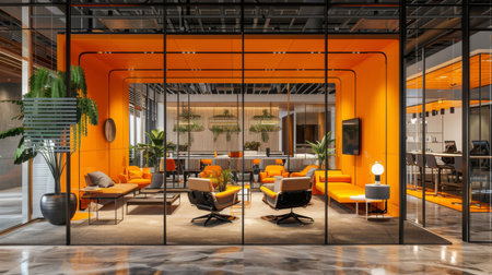 Modern Office Interior Showcasing Vibrant Orange Decor and Stylish Furnishings in an Open Workspace Environment. Generative AIの素材