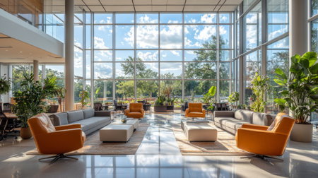 Spacious Modern Lounge With Large Windows and Vibrant Greenery Inviting Relaxation in a Sunny Setting. Generative AIの素材