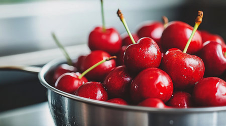 Freshly harvested cherries displayed in a stainless steel bowl on a kitchen counter. Generative AIの素材