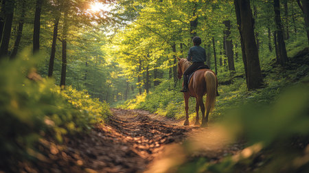 Riding a Horse Through a Sunlit Forest Trail Surrounded by Vibrant Green Foliage During Early Morning Hours. Generative AIの素材