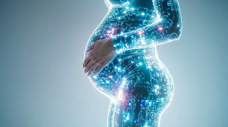 Exploring the intersection of technology and pregnancy in a futuristic setting. Generative AIの素材