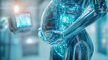 A robotic figure with metallic skin holds its pregnant belly, illuminating a digital embryoの素材