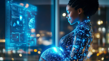 Futuristic portrayal of pregnancy with digital embryo visualization in urban setting. Generative AIの素材
