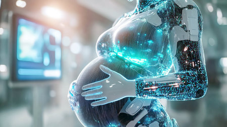 A robotic figure, illuminated with vibrant lights, cradles an artificial pregnant bellyの素材