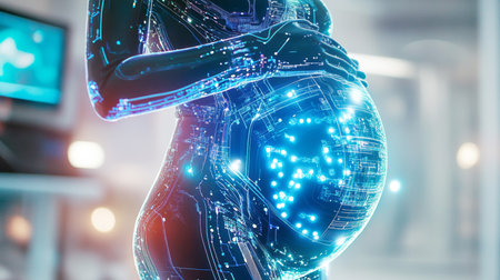 Futuristic representation of pregnancy highlighting the embryo with digital elements. Generative AIの素材