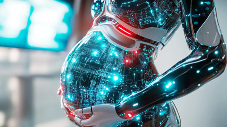 Futuristic depiction of a robotic figure gesturing toward a glowing embryo. Generative AIの素材