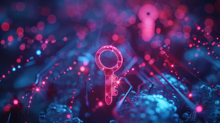 Digital Key Symbol Surrounded by Abstract Technology Elements in a Vibrant Red and Blue Color Scheme, Representing Cybersecurity and Digital Privacy in a Futuristic Context. Generative AIの素材