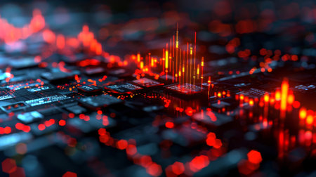 Digital Landscape Showcasing Vibrant Red and Orange Signal Patterns on Circuit Board Design in a Dark Setting. Generative AIの素材