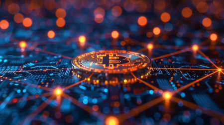 Visual Representation of Bitcoin on a Digital Network With Glowing Nodes and Circuits During Nighttime. Generative AIの素材
