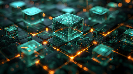 Futuristic Digital Landscape Showcasing Glowing Cubes Over Circuit Patterns in a High Tech Environment During Nighttime. Generative AIの素材