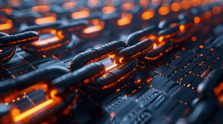 Glowing Chain Links Illuminate a Dark Background Creating a Futuristic and Industrial Atmosphere. Generative AIの素材