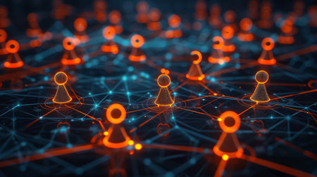 Network of Digital Nodes Interconnected With Glowing Lines Representing Technology and Data Exchange in a Futuristic Environment. Generative AIの素材